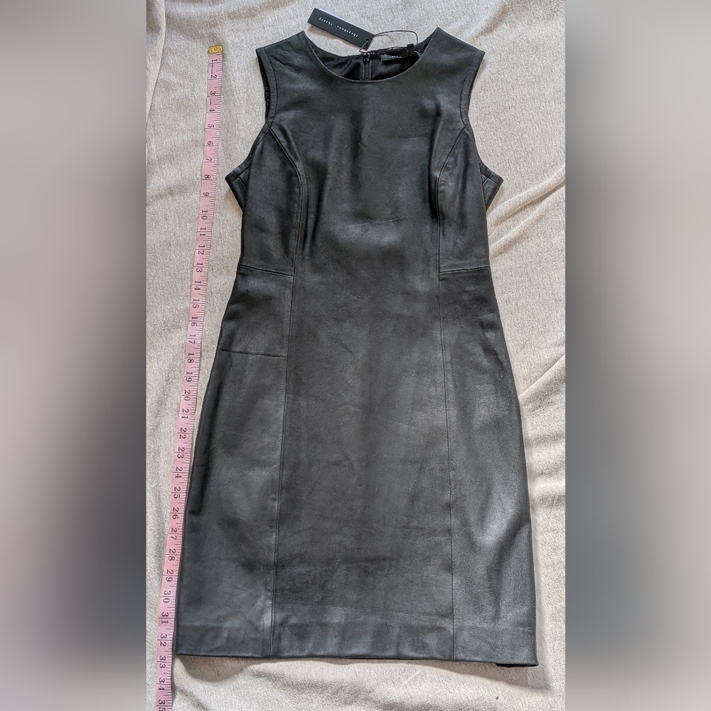 Theyskens' Theory Black Leather Shift Dress 0 XS Fitted Lined Zipper Ducka Q